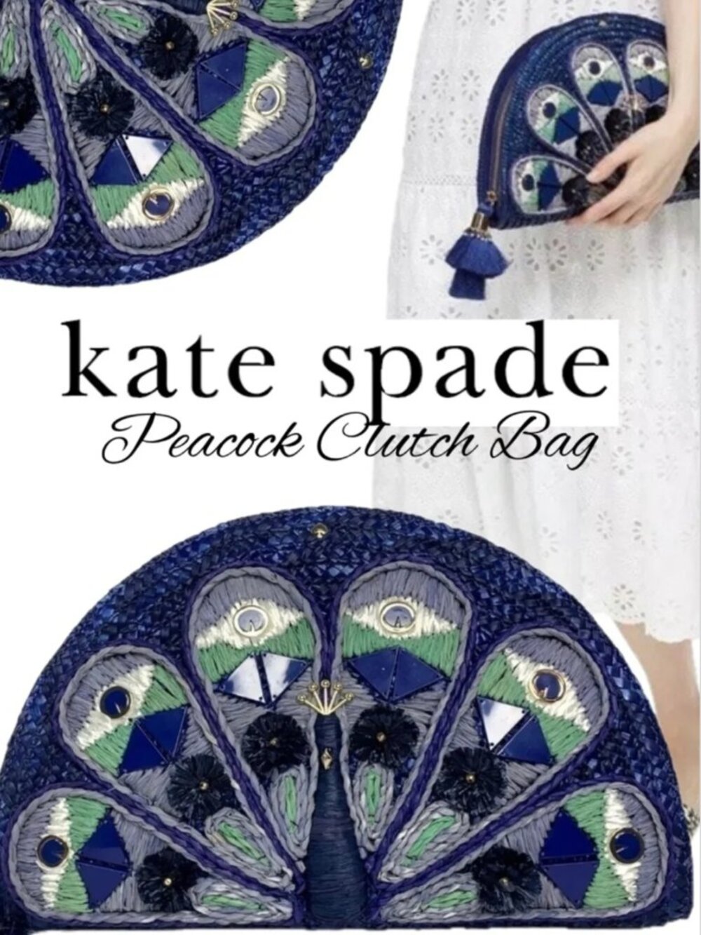 Kate Spade Full Plume Embroidered Straw Peacock Clutch Peacock Wicker Bird.